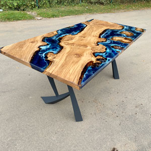 Burr Oak Islands Dining Table Deep Sea Resin 