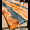 Yew Wood & Clear Blue Resin River Dining Table (SOLD) Thumbnail
