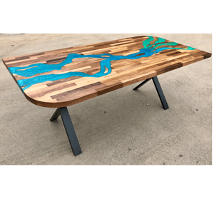 Walnut & Blue/Green Resin River Dining Table (SOLD)