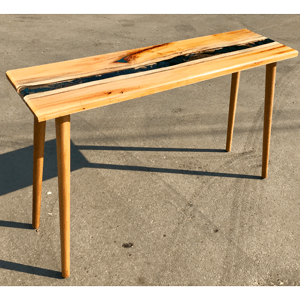 Yew Wood & Blue/Gold Resin River Console Table
