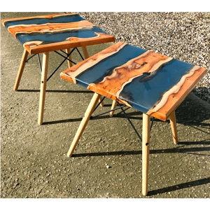 Yew Wood & Blue Resin River Side Tables